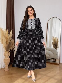 Lacomfia Casual Minimalist Polka Dot Print Applique Trim Round Neck Long Sleeve Loose Regular Fit Plus Size Dress For Spring And Autumn - Black - View 5