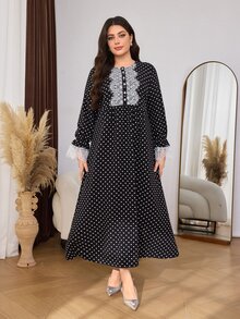 Lacomfia Casual Minimalist Polka Dot Print Applique Trim Round Neck Long Sleeve Loose Regular Fit Plus Size Dress For Spring And Autumn - Black - View 4