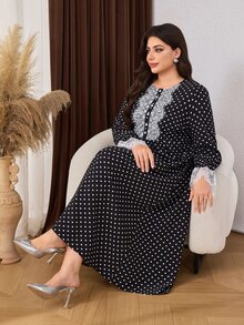 Lacomfia Casual Minimalist Polka Dot Print Applique Trim Round Neck Long Sleeve Loose Regular Fit Plus Size Dress For Spring And Autumn - Black - View 7