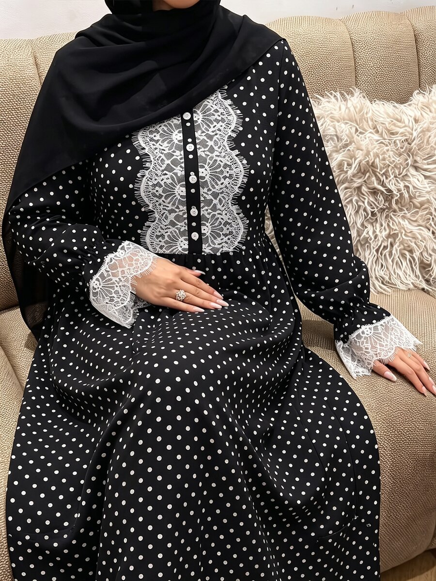 Lacomfia Casual Minimalist Polka Dot Print Applique Trim Round Neck Long Sleeve Loose Regular Fit Plus Size Dress For Spring And Autumn - Black - View 1