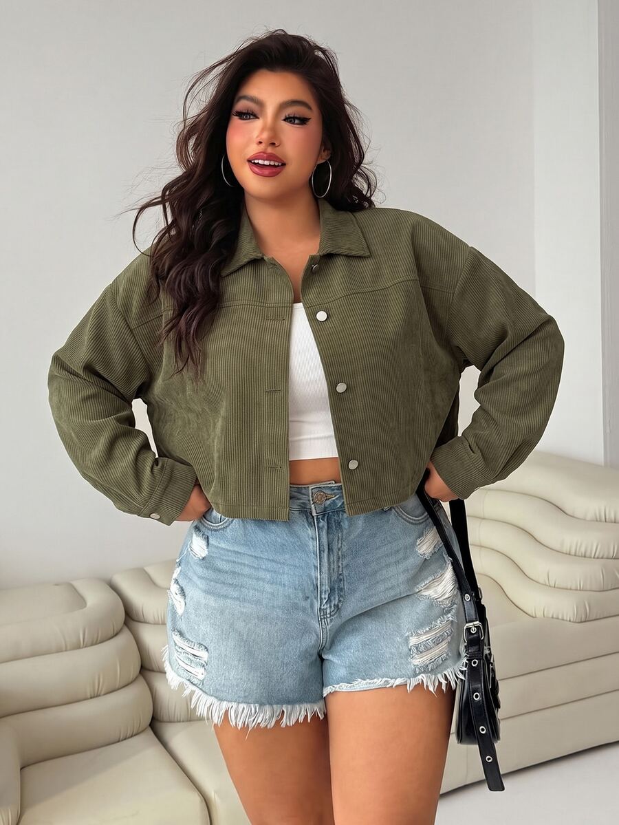 SHEIN EZwear 女款大尺碼純色休閒街頭風百搭日常穿著長袖夾克外套 秋季辦公室外出穿 軍綠色 - 軍綠色 - 查看 1