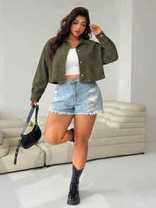 SHEIN EZwear 女款大尺碼純色休閒街頭風百搭日常穿著長袖夾克外套 秋季辦公室外出穿 軍綠色 - 軍綠色 - 查看 3