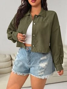 SHEIN EZwear 女款大尺碼純色休閒街頭風百搭日常穿著長袖夾克外套 秋季辦公室外出穿 軍綠色 - 軍綠色 - 查看 5
