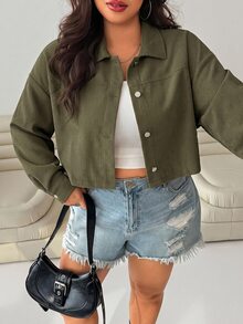 SHEIN EZwear 女款大尺碼純色休閒街頭風百搭日常穿著長袖夾克外套 秋季辦公室外出穿 軍綠色 - 軍綠色 - 查看 4