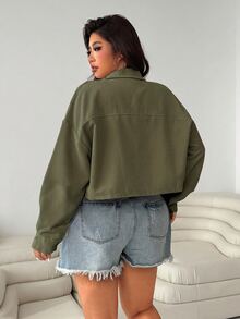 SHEIN EZwear 女款大尺碼純色休閒街頭風百搭日常穿著長袖夾克外套 秋季辦公室外出穿 軍綠色 - 軍綠色 - 查看 2