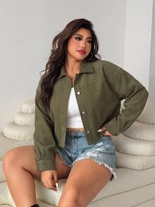 SHEIN EZwear 女款大尺碼純色休閒街頭風百搭日常穿著長袖夾克外套 秋季辦公室外出穿 軍綠色 - 軍綠色 - 查看 6