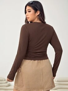 Solflare Plus Size Women's Round Neck Long Sleeve Coffee Brown Knitted Slim Fit T-Shirt Fall - Coffee Brown - View 2
