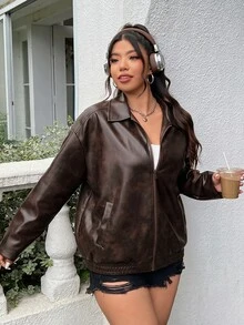 Muchica Plus Size Distressed PU Leather Loose Jacket Winter - Coffee Brown - View 3