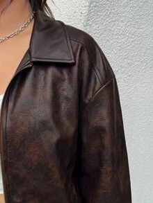 Muchica Plus Size Distressed PU Leather Loose Jacket Winter - Coffee Brown - View 7