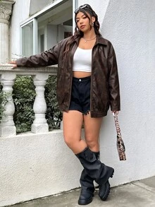 Muchica Plus Size Distressed PU Leather Loose Jacket Winter - Coffee Brown - View 5
