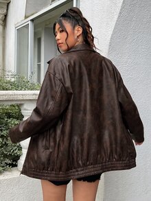 Muchica Plus Size Distressed PU Leather Loose Jacket Winter - Coffee Brown - View 2