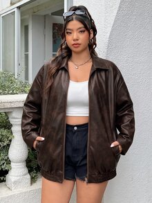 Muchica Plus Size Distressed PU Leather Loose Jacket Winter - Coffee Brown - View 8