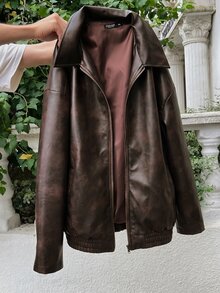 Muchica Plus Size Distressed PU Leather Loose Jacket Winter - Coffee Brown - View 6