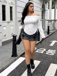 Muchica Plus Size Women's Off-Shoulder Ruched Long Sleeve Asymmetrical Hem T-Shirt Fall - White - View 3
