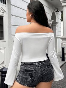 Muchica Plus Size Women's Off-Shoulder Ruched Long Sleeve Asymmetrical Hem T-Shirt Fall - White - View 2
