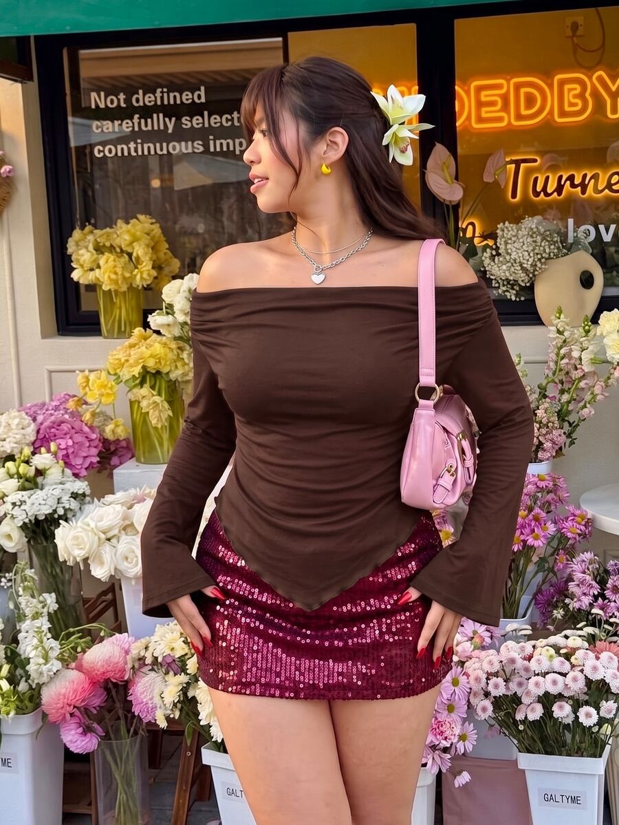 SHEIN EZwear Chocolate Brown Plus Size Women's Off-Shoulder Long Sleeve Asymmetrical Hem T-Shirt Fall - Chocolate Brown - View 1