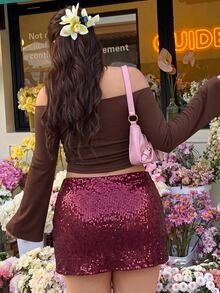 SHEIN EZwear Chocolate Brown Plus Size Women's Off-Shoulder Long Sleeve Asymmetrical Hem T-Shirt Fall - Chocolate Brown - View 2