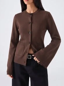 LYSMO Women's Solid Color Round Neck Long Sleeve Single-Breasted Pocket Knit Cardigan - Coffee Brown - View 3