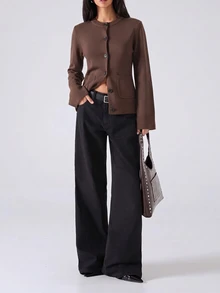 LYSMO Women's Solid Color Round Neck Long Sleeve Single-Breasted Pocket Knit Cardigan - Coffee Brown - View 7