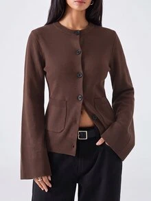 LYSMO Women's Solid Color Round Neck Long Sleeve Single-Breasted Pocket Knit Cardigan - Coffee Brown - View 1