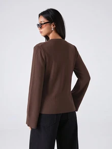 LYSMO Women's Solid Color Round Neck Long Sleeve Single-Breasted Pocket Knit Cardigan - Coffee Brown - View 2