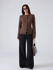 LYSMO Women's Solid Color Round Neck Long Sleeve Single-Breasted Pocket Knit Cardigan - Coffee Brown - View 4