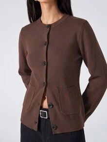 LYSMO Women's Solid Color Round Neck Long Sleeve Single-Breasted Pocket Knit Cardigan - Coffee Brown - View 6