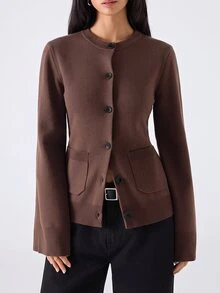 LYSMO Women's Solid Color Round Neck Long Sleeve Single-Breasted Pocket Knit Cardigan - Coffee Brown - View 5