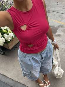 Muchica Plus Size Women's Solid Color Heart Cutout Design Casual Tank Top - Burgundy - View 7