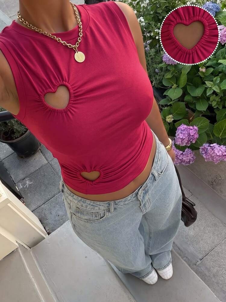 Muchica Plus Size Women's Solid Color Heart Cutout Design Casual Tank Top - Burgundy - View 1