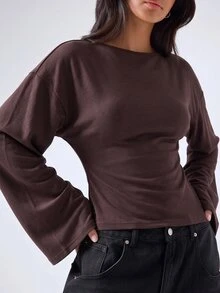 LYSMO Kaos Lengan Panjang Wanita Warna Polos Kasual Serbaguna untuk Sehari-hari - Chocolate Brown - View 6
