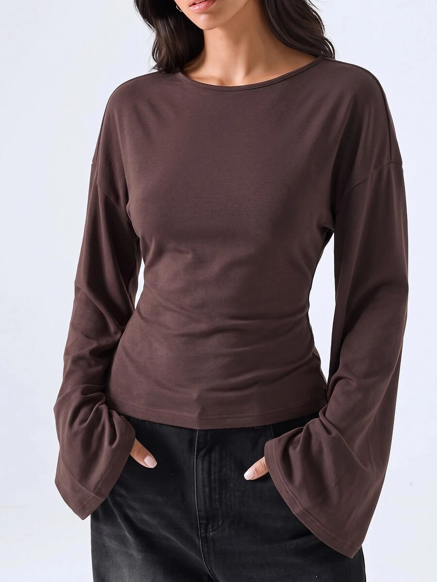 LYSMO Kaos Lengan Panjang Wanita Warna Polos Kasual Serbaguna untuk Sehari-hari - Chocolate Brown - View 1