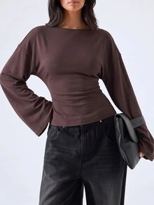 LYSMO Kaos Lengan Panjang Wanita Warna Polos Kasual Serbaguna untuk Sehari-hari - Chocolate Brown - View 7