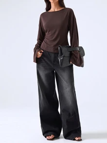 LYSMO Kaos Lengan Panjang Wanita Warna Polos Kasual Serbaguna untuk Sehari-hari - Chocolate Brown - View 3