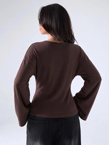 LYSMO Kaos Lengan Panjang Wanita Warna Polos Kasual Serbaguna untuk Sehari-hari - Chocolate Brown - View 2