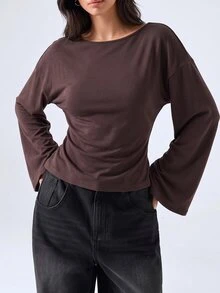 LYSMO Kaos Lengan Panjang Wanita Warna Polos Kasual Serbaguna untuk Sehari-hari - Chocolate Brown - View 5