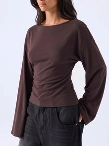 LYSMO Kaos Lengan Panjang Wanita Warna Polos Kasual Serbaguna untuk Sehari-hari - Chocolate Brown - View 4