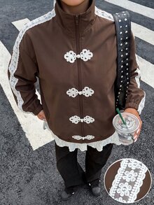 Muchica 女款青蛙鈕扣設計拉鍊門襟對比蕾絲夾克，日常旅行穿搭，棕色條紋，秋季復古優雅風 - 巧克力棕 - 查看 4