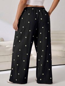 Solflare Plus Size Women's All-Over Daisy Print Drawstring Waist Fashion Loose Long Pants Fall - Black - View 2