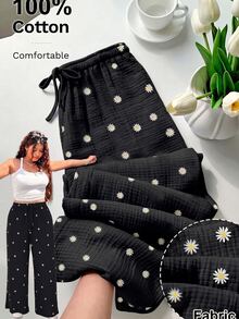 Solflare Plus Size Women's All-Over Daisy Print Drawstring Waist Fashion Loose Long Pants Fall - Black - View 1