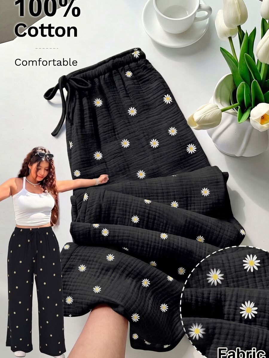 Solflare Plus Size Women's All-Over Daisy Print Drawstring Waist Fashion Loose Long Pants Fall - Black - View 1