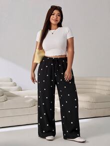 Solflare Plus Size Women's All-Over Daisy Print Drawstring Waist Fashion Loose Long Pants Fall - Black - View 6