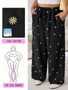 Solflare Plus Size Women's All-Over Daisy Print Drawstring Waist Fashion Loose Long Pants Fall - Black - View 4