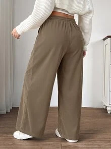 SHEIN EZwear Camel 大尺碼女款秋冬休閒校園室內工作穿搭卡其色燈芯絨布料附口袋拼接設計高腰寬鬆寬腿長褲 - 駝色 - 查看 2