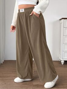 SHEIN EZwear Camel 大尺碼女款秋冬休閒校園室內工作穿搭卡其色燈芯絨布料附口袋拼接設計高腰寬鬆寬腿長褲 - 駝色 - 查看 3