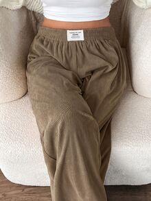 SHEIN EZwear Camel 大尺碼女款秋冬休閒校園室內工作穿搭卡其色燈芯絨布料附口袋拼接設計高腰寬鬆寬腿長褲 - 駝色 - 查看 6