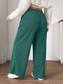 SHEIN EZwear 復古綠大尺碼女款秋冬休閒校園日常居家通勤長褲，卡其色燈芯絨面料，附口袋拼接設計，高腰寬鬆闊腿長褲 - Fresh Green - 查看 2