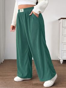 SHEIN EZwear 復古綠大尺碼女款秋冬休閒校園日常居家通勤長褲，卡其色燈芯絨面料，附口袋拼接設計，高腰寬鬆闊腿長褲 - Fresh Green - 查看 4