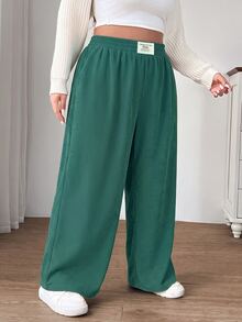 SHEIN EZwear 復古綠大尺碼女款秋冬休閒校園日常居家通勤長褲，卡其色燈芯絨面料，附口袋拼接設計，高腰寬鬆闊腿長褲 - Fresh Green - 查看 5