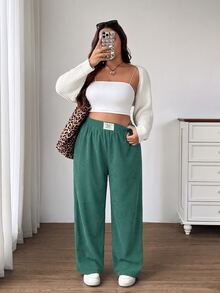 SHEIN EZwear 復古綠大尺碼女款秋冬休閒校園日常居家通勤長褲，卡其色燈芯絨面料，附口袋拼接設計，高腰寬鬆闊腿長褲 - Fresh Green - 查看 3